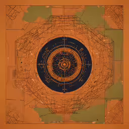 a digital artwork depicting a rotating, yellow circle with smaller dots and points of interest in it,a circular pattern on an orange background with blue circles