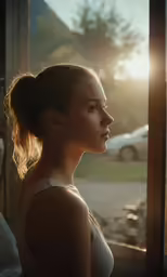 a woman looking out the window in her underwear