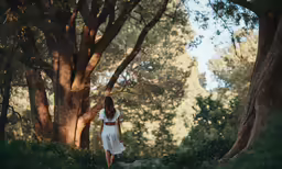 a woman standing on the grass with trees behind her