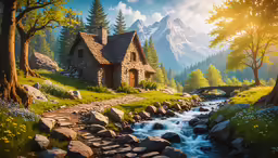 a painting of a cottage on the side of a river