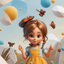 an animated character with many balls around her