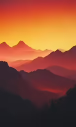 a painting of a mountain landscape with sun setting