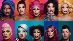 a group of people that are looking at something,a group of women with bright hair and make up