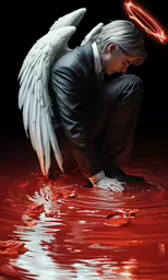 an angel crouches over water looking for something