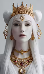 a white mannequin with white hair wearing a crown
