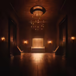 a very dark and dimly lit hall with some lighting on