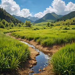 water running through a grassy field on a sunny day