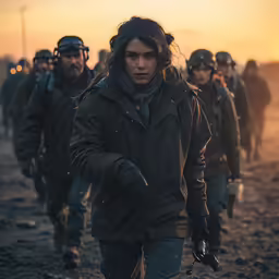 a group of people wearing winter gear walking through an open field