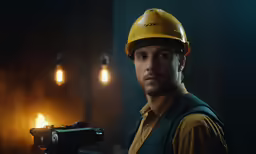 a man wearing a safety helmet and holding a video camera