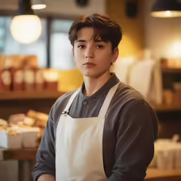 a man standing in front of a counter with bread on it
