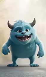 an angry looking blue creature stands on the road