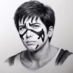 a boy with his face painted in chinese characters