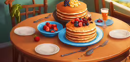 there is a big stack of pancakes on the table,the table has pancakes and berries on it
