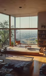 a large room with a big glass window and a view