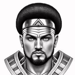 black and white drawing of a man wearing an ancient warrior uniform