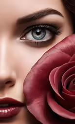 a woman holding a rose over her eyes