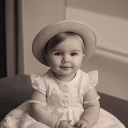 black and white photograph of young girl wearing hat