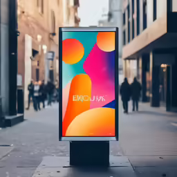 large advertisement on side walk near city street