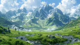 some green mountains and water and clouds,a painting of some green mountains and some water