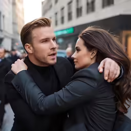 a man and woman are on the street together
