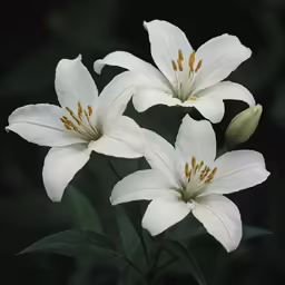 three white flowers are together against a dark background