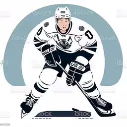 an ice hockey player, ready to kick the puck