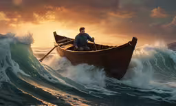 a man sitting in a small boat in the ocean,the man is in the boat in the water