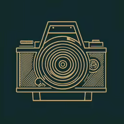 a golden camera on green background with space for text