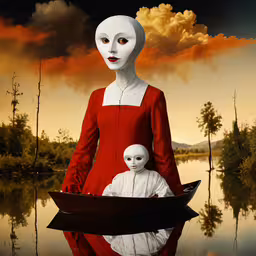 a woman and a child in a small boat in the water,an image of woman in red dress standing on a boat next to a small robot