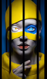 the woman has a blue eye and is painted yellow
