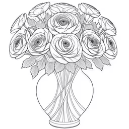 flowers in a vase on a white background,a large vase filled with flowers and leaves,a vase with roses in it,a vase full of flowers that is drawn in black and white,a bouquet of flowers that has been drawn in a vase
