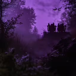 two people on a vehicle riding up hill in the woods