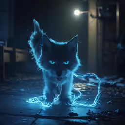 the black cat has glowing blue eyes and is looking forward
