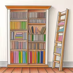 a book shelf sitting next to a book ladder,the bookcase with books is near the ladder of the chair,a drawing of an old bookcase with a ladder next to it,a room with two book shelves, a ladder and a painting of books,drawing of ladder next to book case, and bookshelf with colorful books