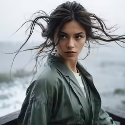 a young woman looking at the camera and blowing her hair