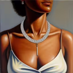 the painting is of a woman wearing a bra,a painting of a woman in white dress wearing an necklace with a cross,an artistic painting of a woman in white top,an oil painting of a woman wearing white bra,an image of a woman wearing a white bikini
