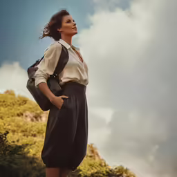 a woman wearing short black skirt and brown shirt