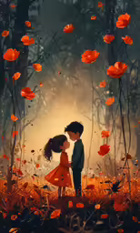 a little boy and girl in the woods with poppies