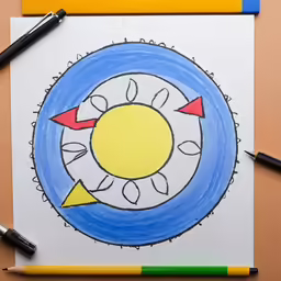 a drawing of the sun with three arrows and a star