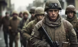 a soldier in uniform is walking with guns