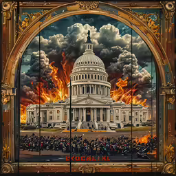 a huge painting of the united states capitol with some fire