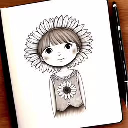 a drawing of a girl with flower on her head,a girl with a sunflower on her head and flowers