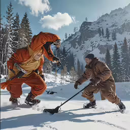 a couple of people in ski gear playing in the snow