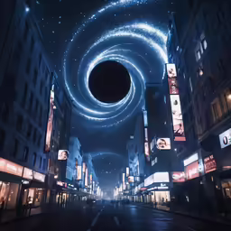 the sky has a dark circle over the city