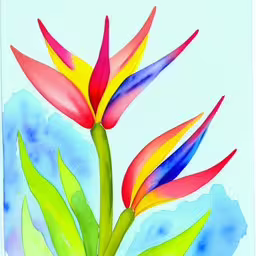 a colorful flower sitting on top of a green stem,a painting of multi colored flowers on a blue background