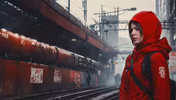 a woman in a red coat stands near a train,a person with a red coat and backpack next to train tracks