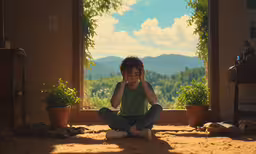 a woman is sitting on the floor with a view,a person sitting on the ground in front of an open window