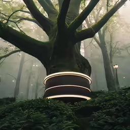 a big mossy tree in the middle of a park