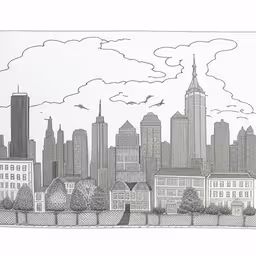 this is an image of a cityscape,a drawing of a city with buildings and trees,a city skyline is drawn with pen and ink,a black and white drawing of a city skyline,a drawing of a cityscape in black and white