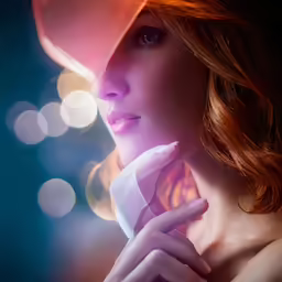 a woman with a pink hat is wearing pink lipstick and a scarf